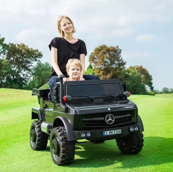 Електромобіль дитячий двомісний Mercedes-Benz Unimog 350W, 36V (чорний колір) з відкидним кузовом, фото 1
