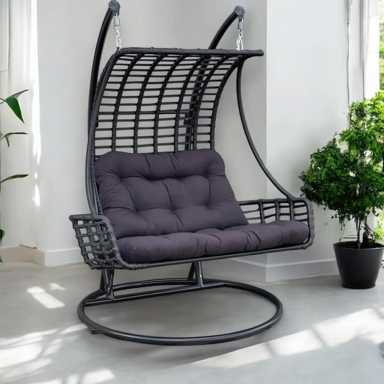 Підвісне крісло кокон Double Galant на 2 особи з підлокітниками з техноротангу на металевих стійках, фото 1