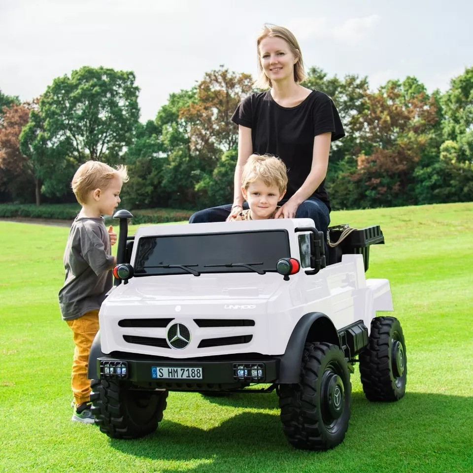 Електромобіль дитячий двомісний Mercedes-Benz Unimog 350W, 36V (білий колір) з відкидним кузовом, фото 1