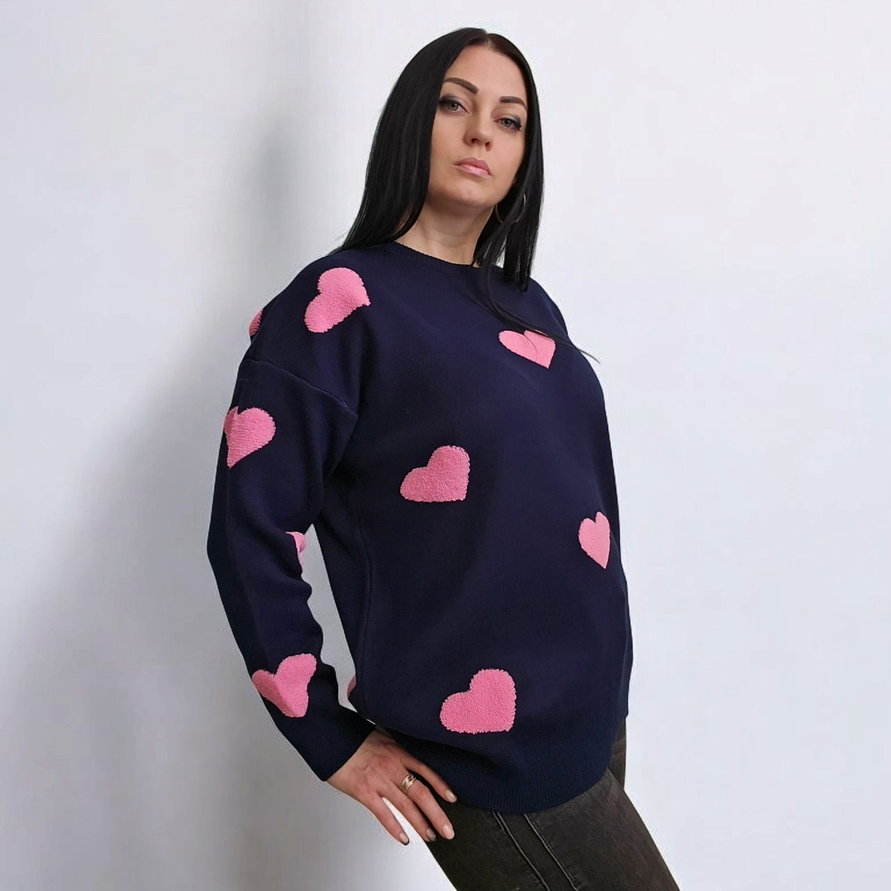 Светр подовжений, туніка "Сердечки" жіноча темно-синя. One Size