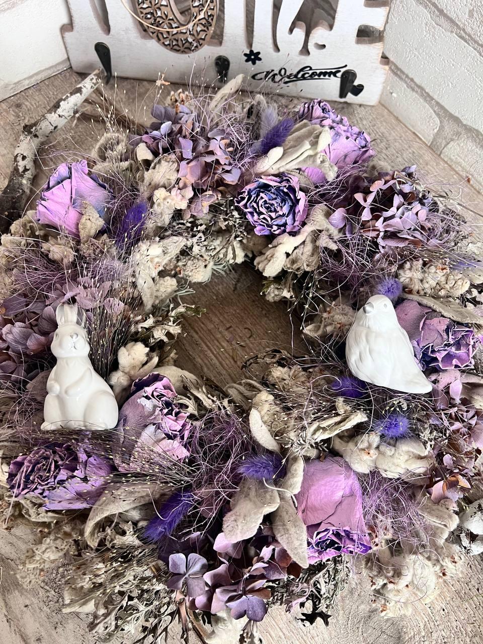 Ексклюзівний вінок з натуральних сухоцвітів і троянд, еко вінок оберіг на двері, флористичний вінок. Д 38 см, фото 1