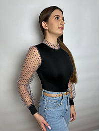 Боді з довгими рукавами та вставками із сітки горох чорний