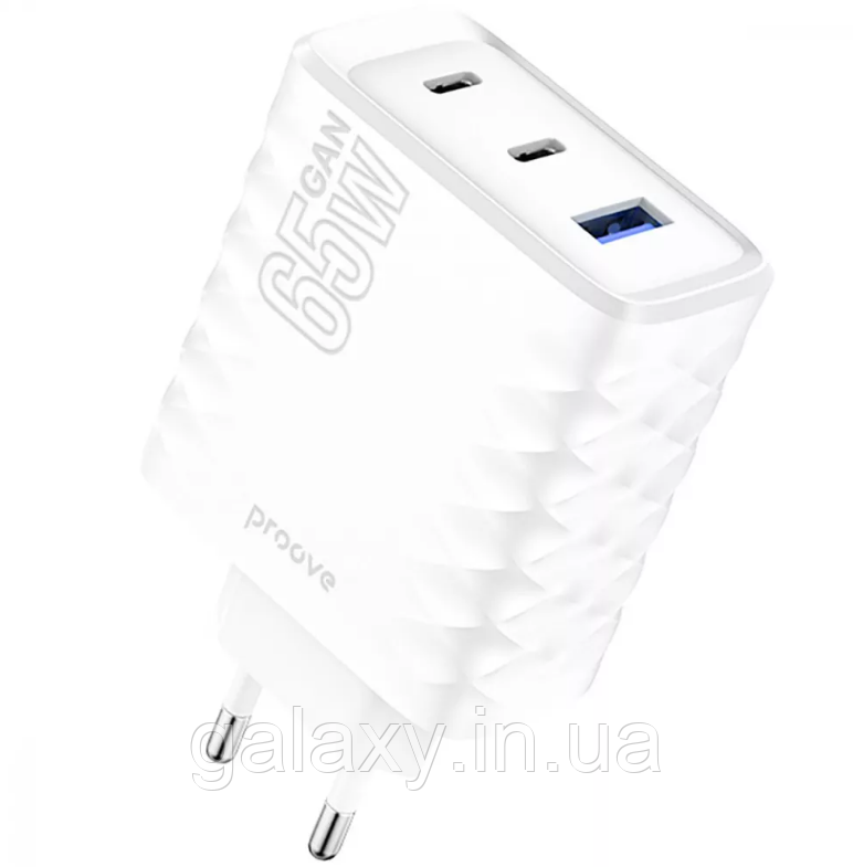 Зарядний пристрій Proove Speed Surge Gan 65W (USB + 2 Type-C) White, фото 1