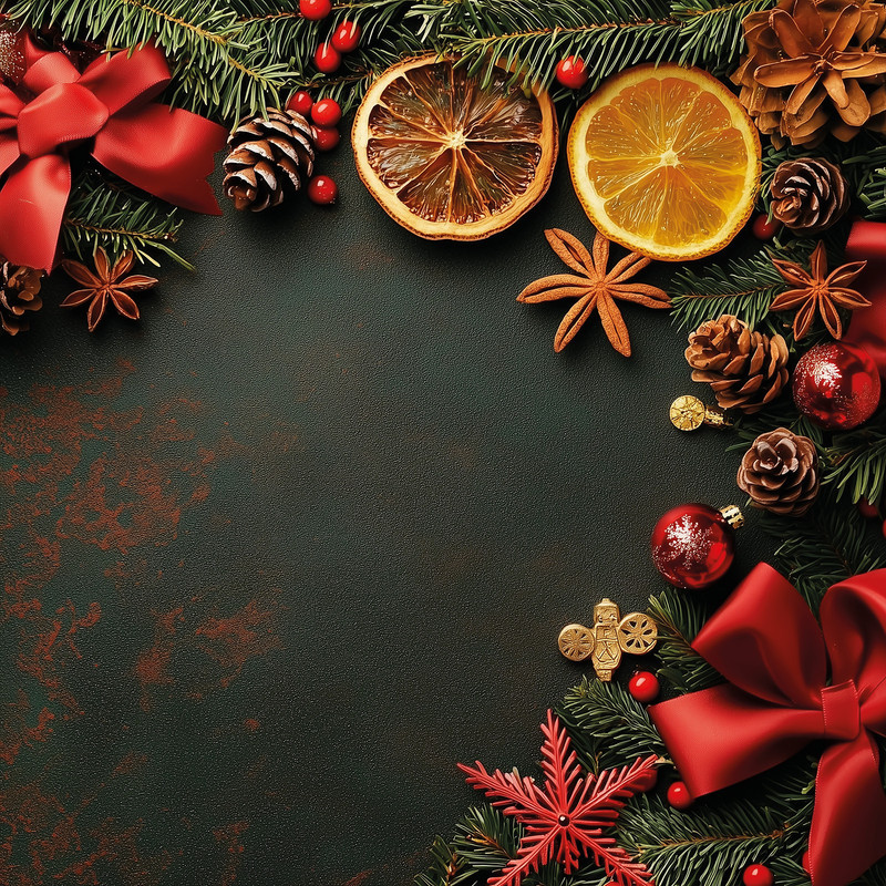 Фотофон вініловий темно-зелений святковий фон для фото, апельсини, шишки, червоний декор, квадратний 40x40 см, №553147, фото 1