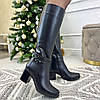 Чоботи чорні шкіряні жіночі на стійкому підборі, декоровані ремінцями, фото 6