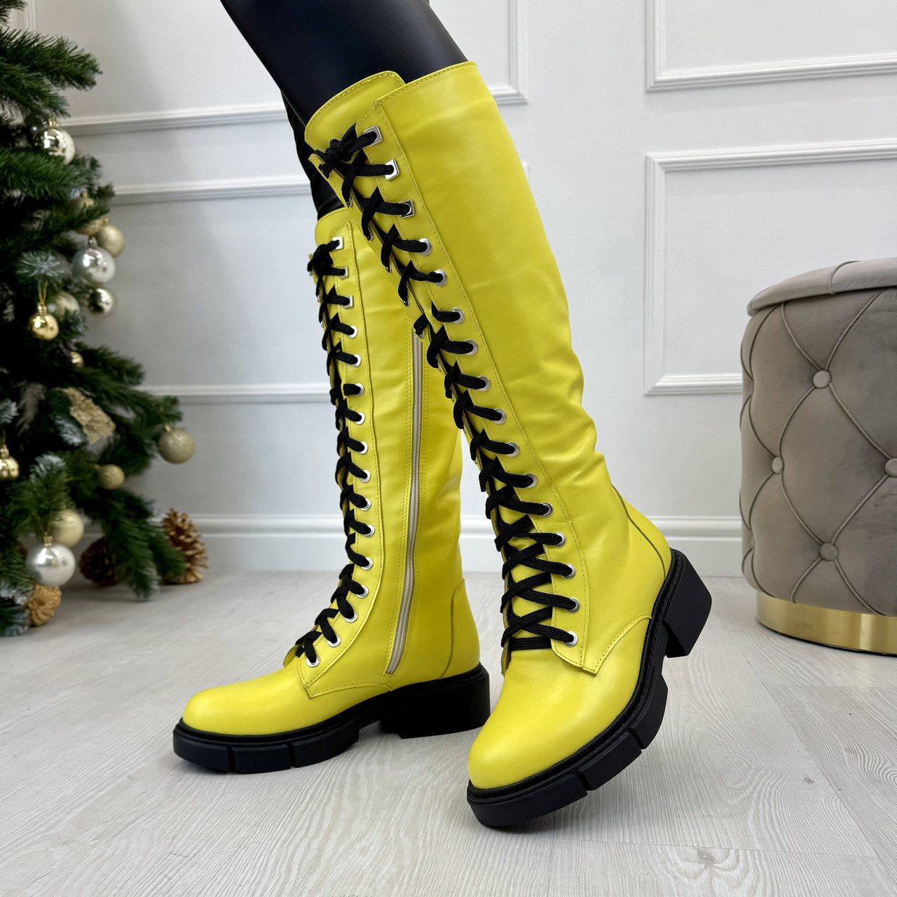 Чоботи жіночі шкіряні високі на шнурівці. Колір жовтий, фото 1