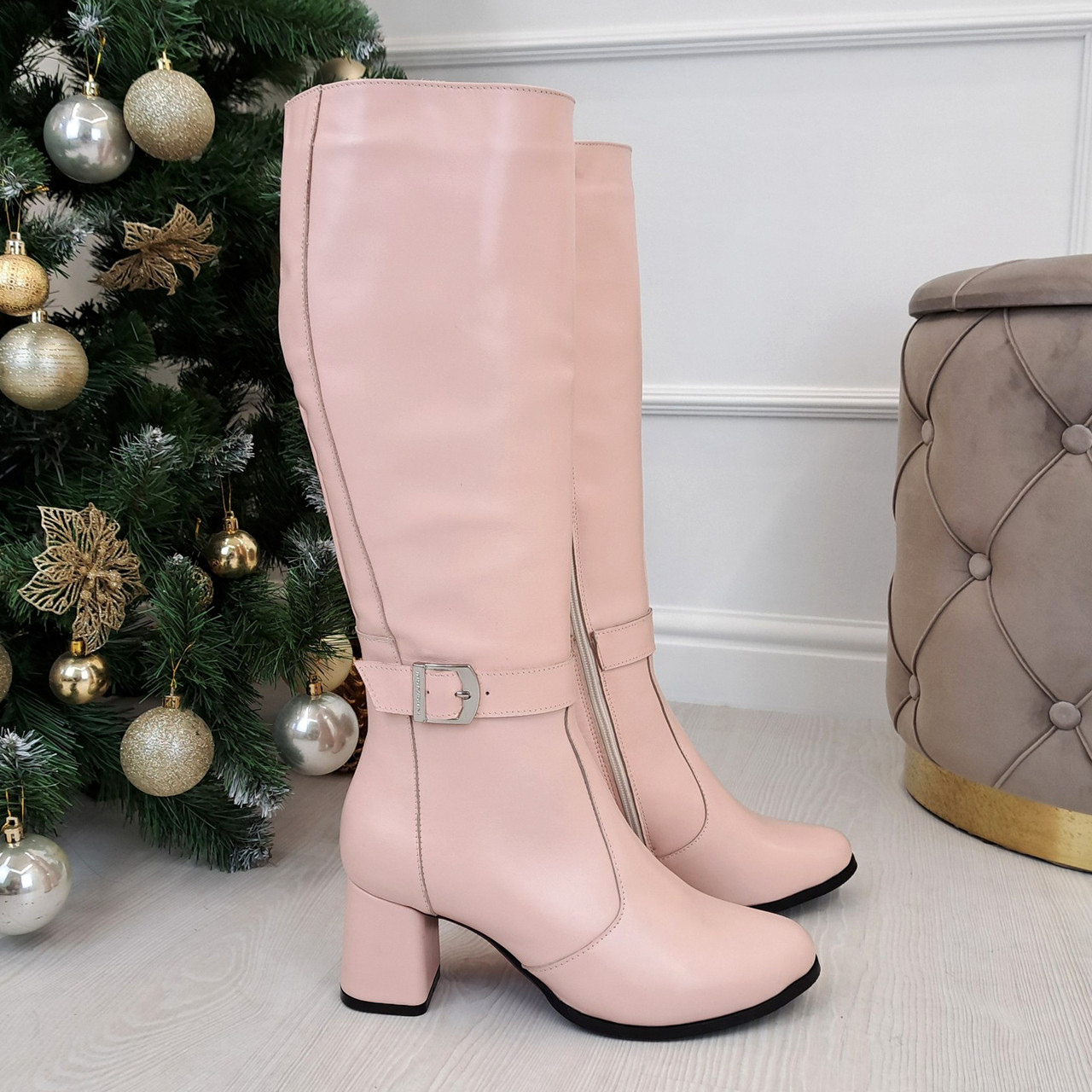 Чоботи шкіряні жіночі на стійкому підборі. Колір пудра, фото 1