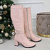 Чоботи шкіряні жіночі на стійкому підборі. Колір пудра, фото 2