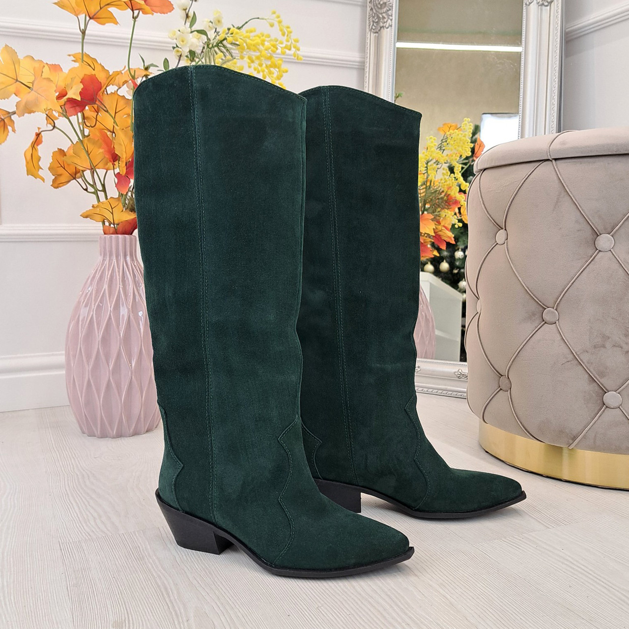 Чоботи-казаки жіночі замшеві вільного взування. Колір зелений, фото 1