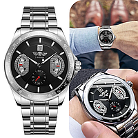 Часы серебристые мужские механические наручные на стальном ремешке стекло минеральное Winner