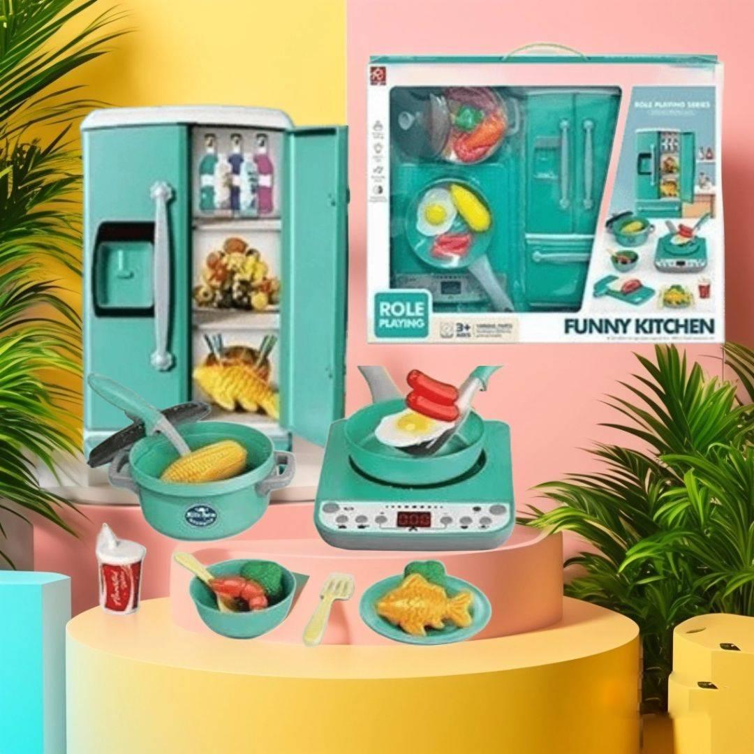 Дитячий інтерактивний набір побутової техніки для юного кухаря кулінара плита з таймером холодильник продукти, фото 1