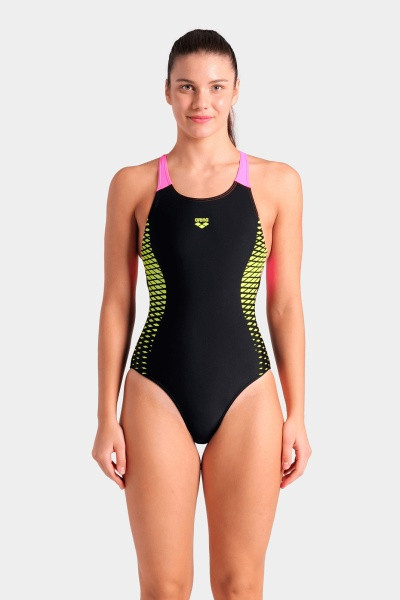 Купальник закритий для жінок Arena OPENINGS SWIMSUIT V BACK LB чорно-салатовий Жін 36 original Акція Знижка