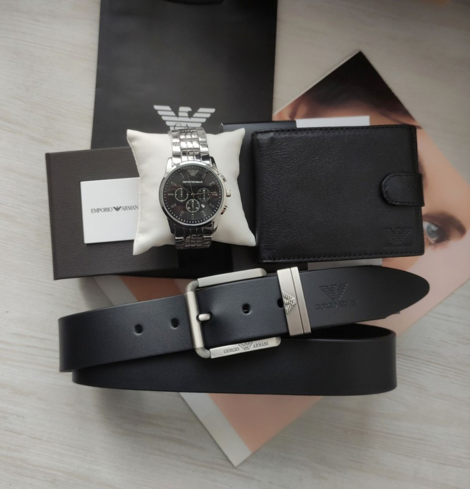 Чоловічий подарунковий набір Armani годинник, шкіряний ремінь і гаманець black/silver