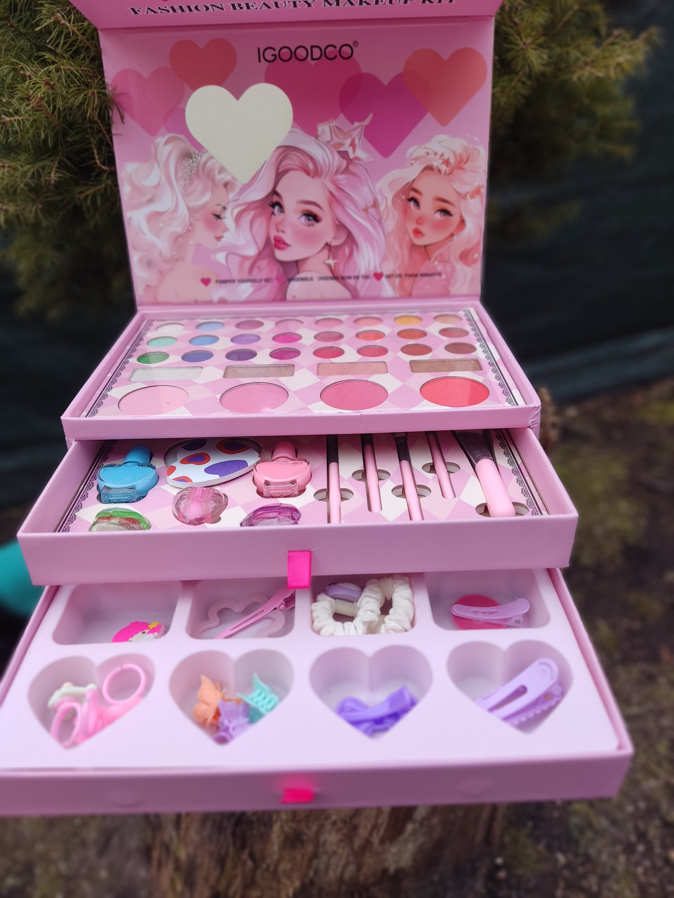 Дитяча Косметика 3 яруси Fashion Beauty Makeup тіні рум'яна лак пензлики пилка заколки наліпки аксесуари