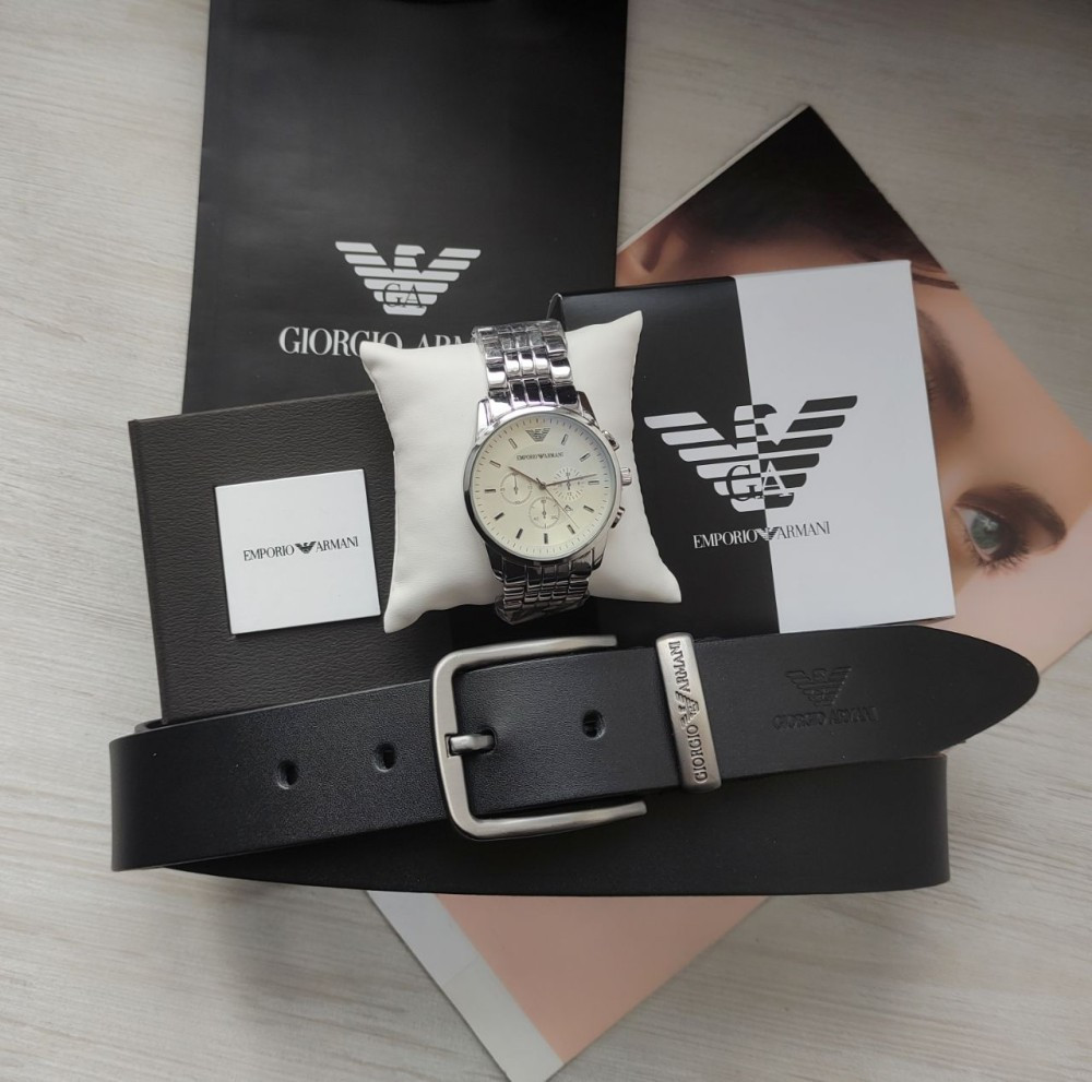 Чоловічий подарунковий набір Armani годинник і шкіряний ремінь silver