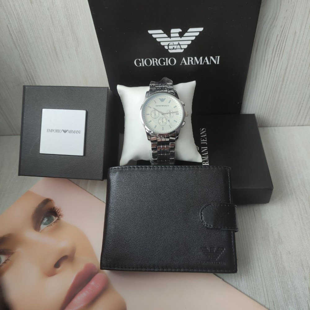 Чоловічий подарунковий набір Armani годинник і шкіряний гаманець silver