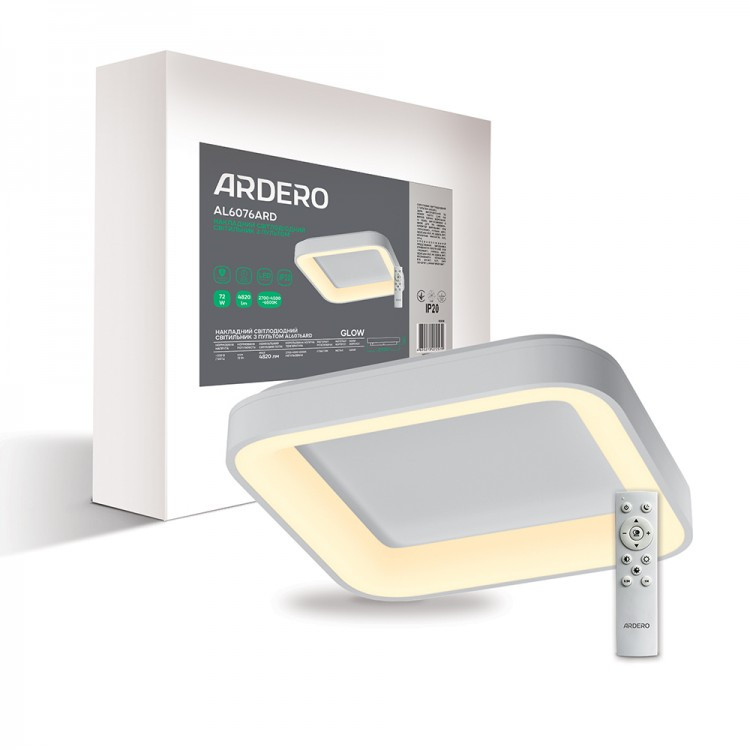 Світлодіодний світильник AL6076 ARD GLOW 72Вт WHITE Ardero 2700К-6500K 4820Lm с пультом ДУ 450*450*80 мм