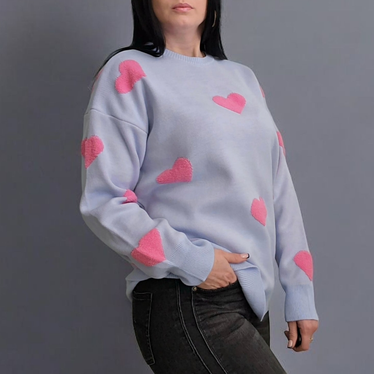 Светр подовжений, туніка "Сердечки" жіноча блакитна. One Size