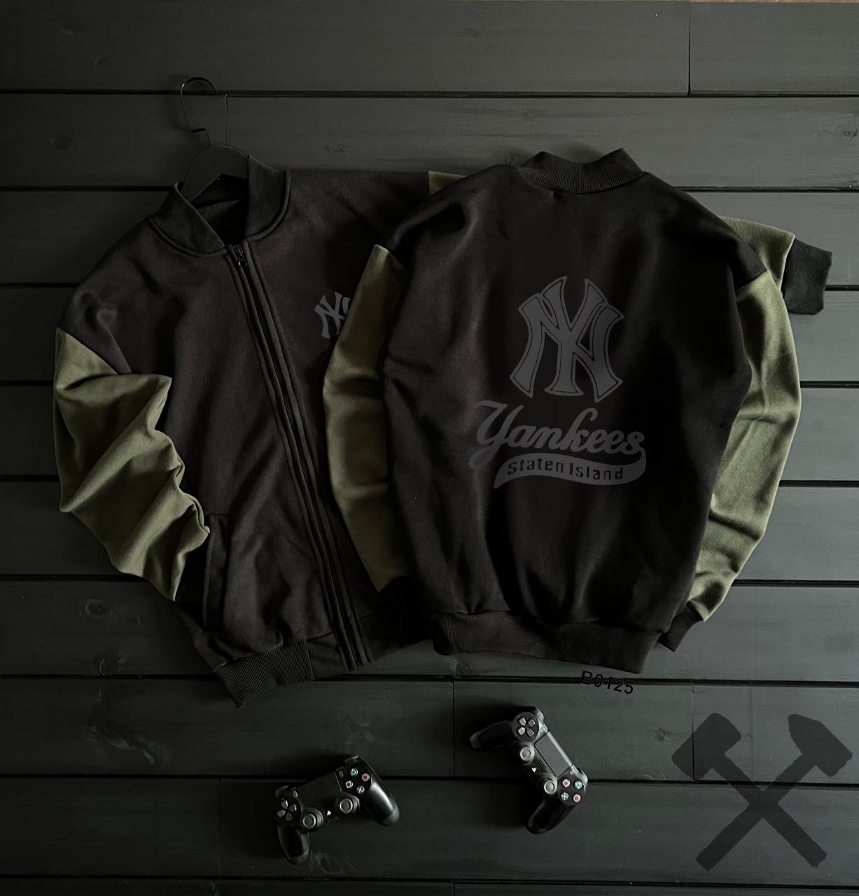 Чоловічий бомбер оверсайз New York Yankees чорний з хакі куртка-кофта американка на блискавці весняна