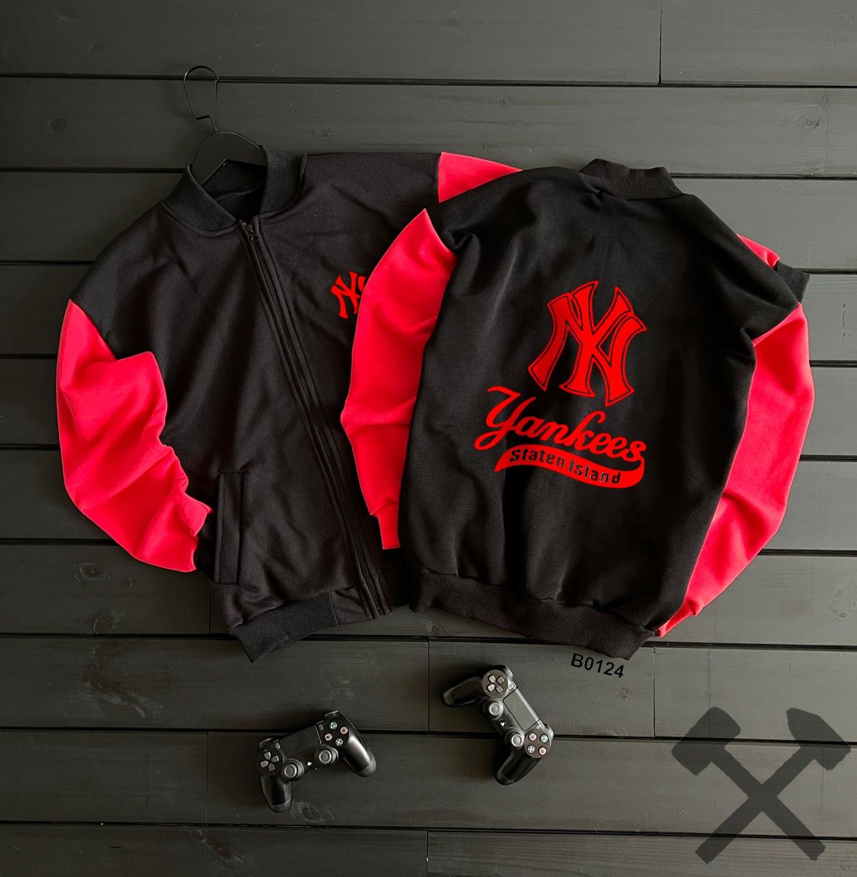 Чоловічий бомбер оверсайз New York Yankees чорний з червоним куртка-кофта американка на блискавці весняна
