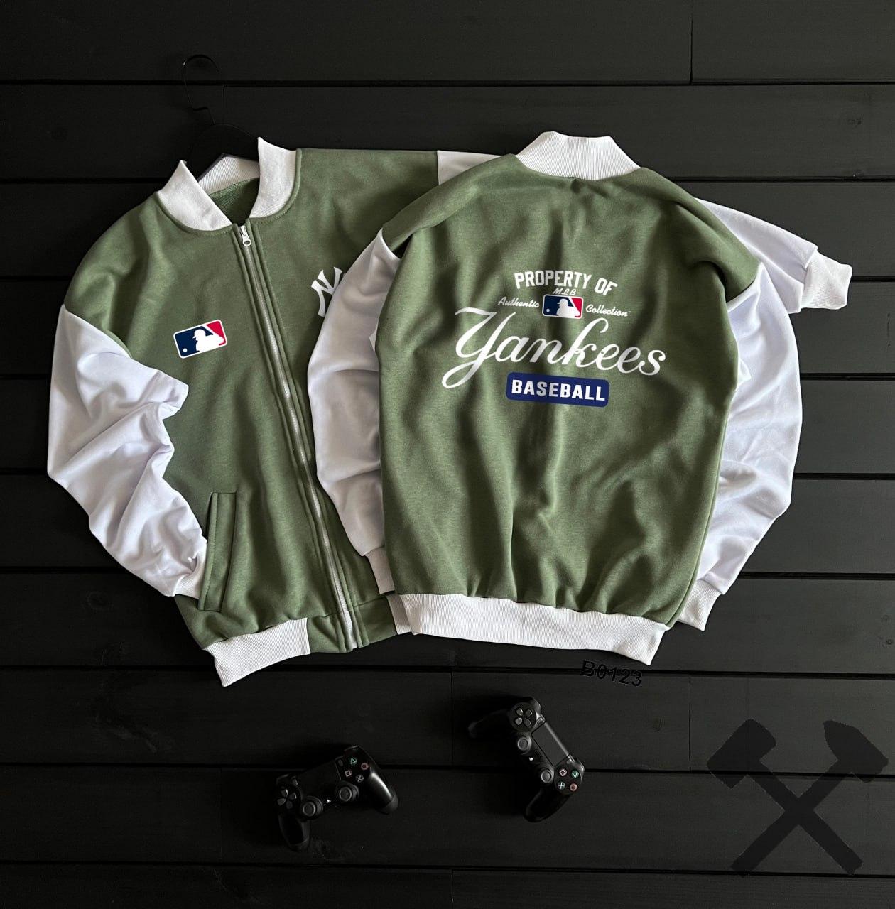 Чоловічий бомбер оверсайз New York Yankees хакі з білим куртка-кофта американка на блискавці весняна