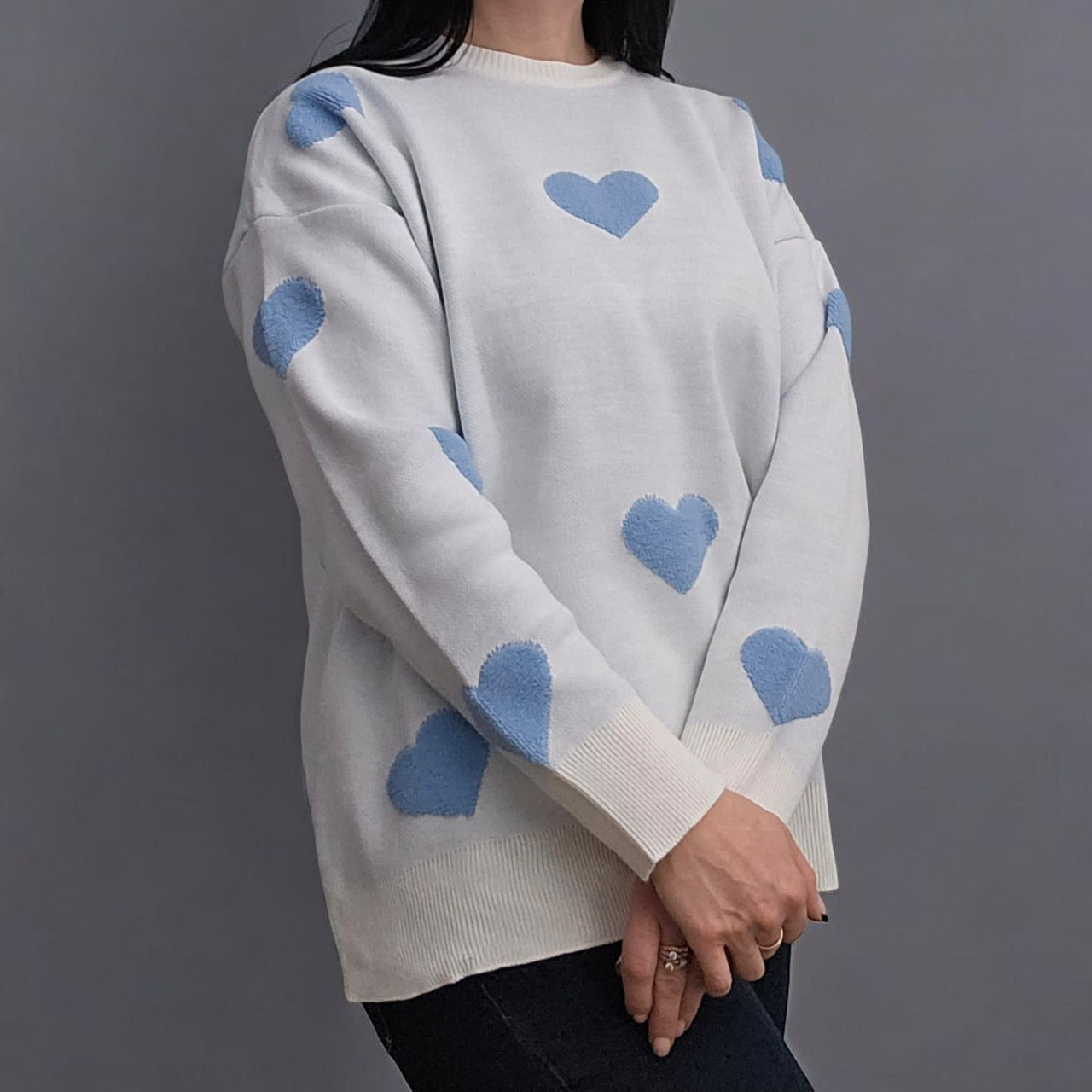 Светр подовжений, туніка "Сердечки" жіноча біла. One Size, фото 1