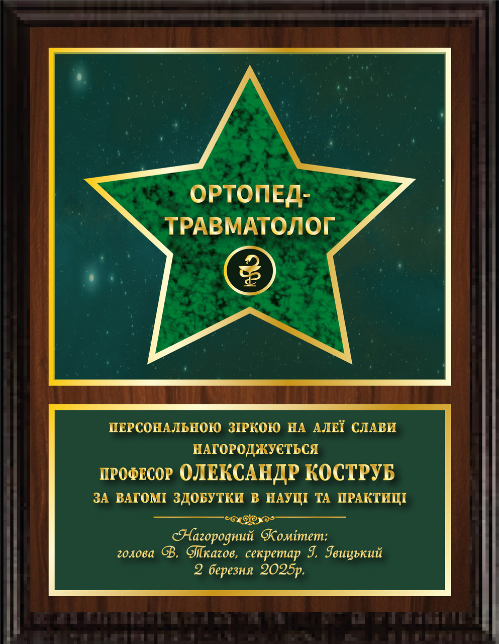 Нагороджений диплом на металі із зіркою лікаря