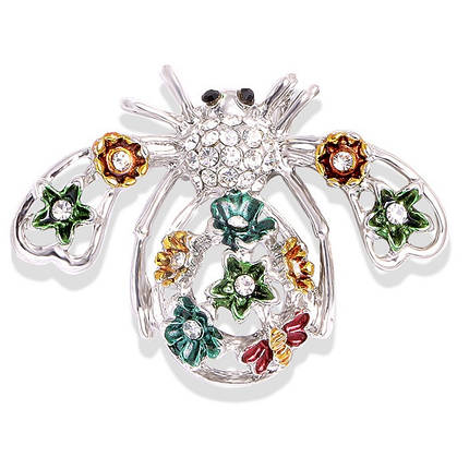 Брошка у формі метелика сріблястого кольору декорована різнобарвними квіточками в стразах розмір 30х40 мм, фото 2