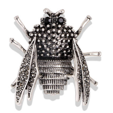 Брошка металева у формі шмелю сріблястого кольору з чорними стразами розмір виробу 35х30 мм, фото 1