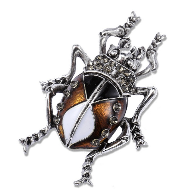 Брошка металева срібляста Жук Носоріг у каменях покритий кольоровою емаллю розмір виробу 40х20 мм