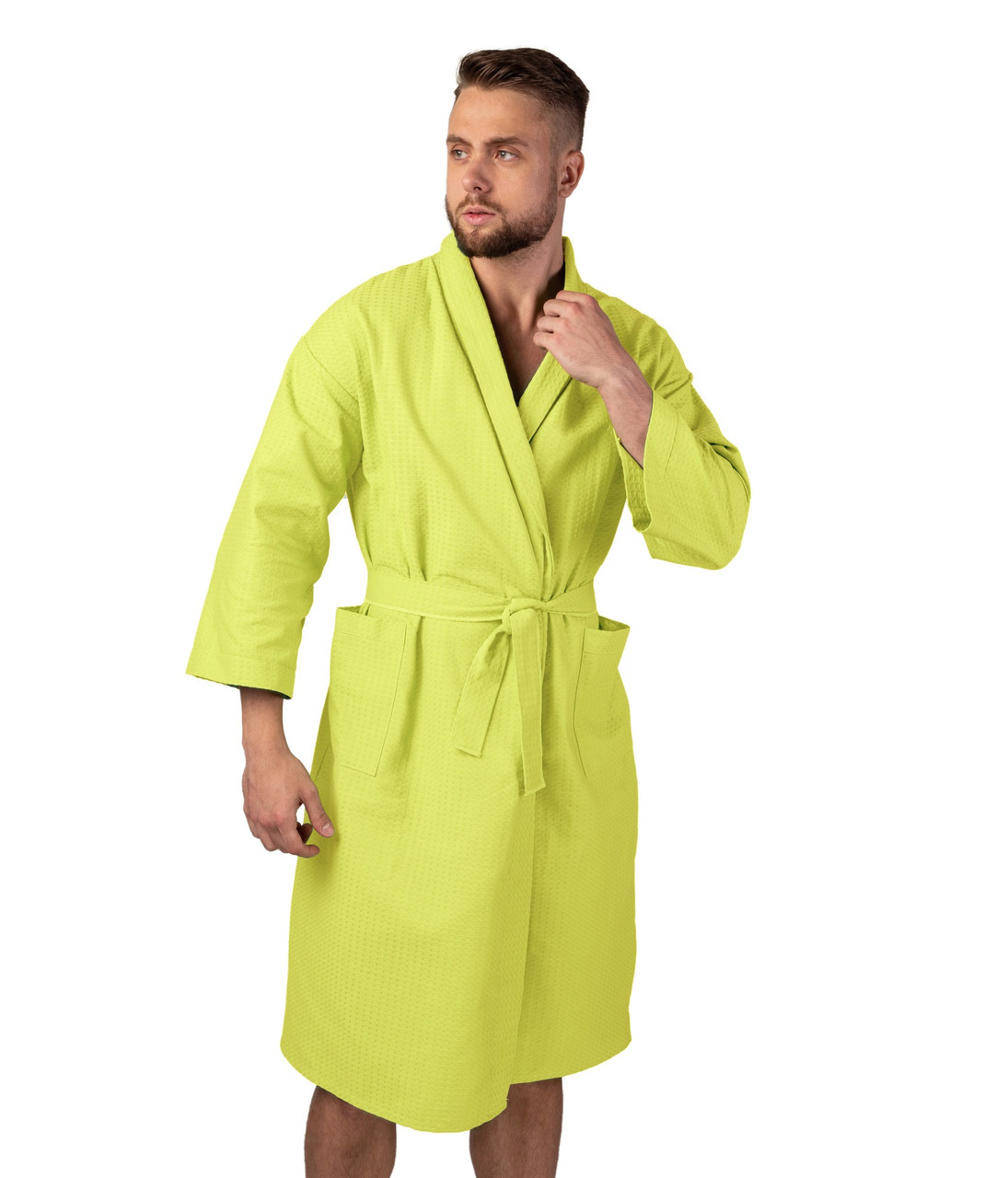 Вафельный халат Luxyart Кимоно размер (42-44) S 100% хлопок лайм (LS-7199) - фото 1 - id-p2439408368