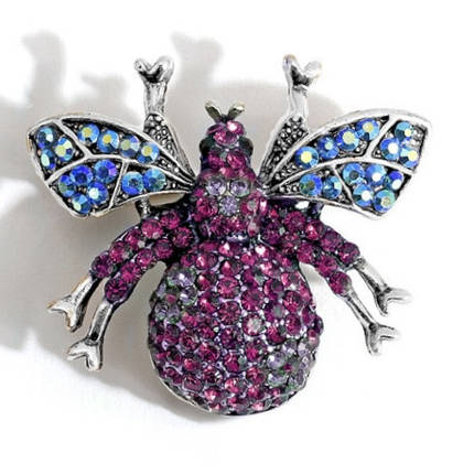 Брошка металева срібляста Муха з різнобарвними кристалами розмір виробу 40х30 мм, фото 1