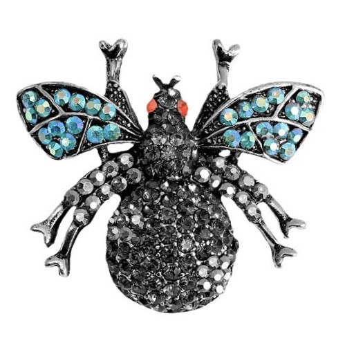 Брошка металева на сріблястій основі муха з різнобарвними кристалами розмір виробу 30х30 мм