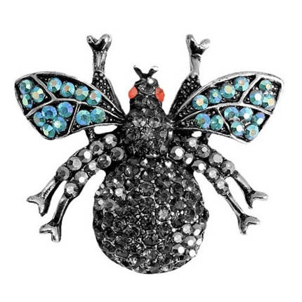 Брошка металева на сріблястій основі муха з різнобарвними кристалами розмір виробу 30х30 мм, фото 1