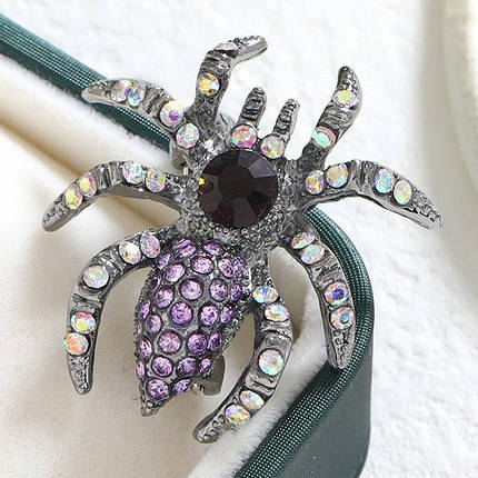 Брошка металева срібляста Павук із різнобарвними кристалами, що переливаються, розмір виробу 30х30 мм, фото 2