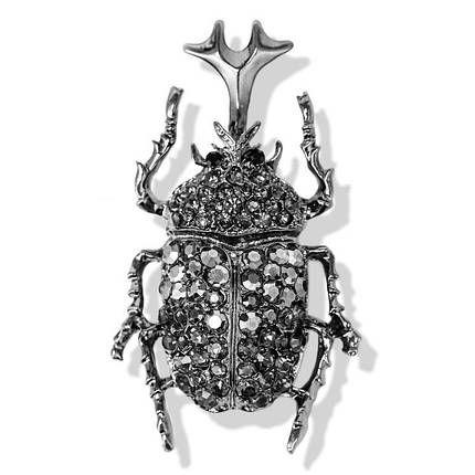 Брошка велика металева золотиста Жук Носоріг із сірими стразами розмір виробу 60х30 мм, фото 1