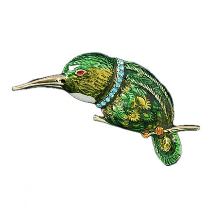 Брошка металева золотиста Пташка на гілочці в стразах покрита кольоровою емаллю розмір виробу 50х40 мм, фото 2