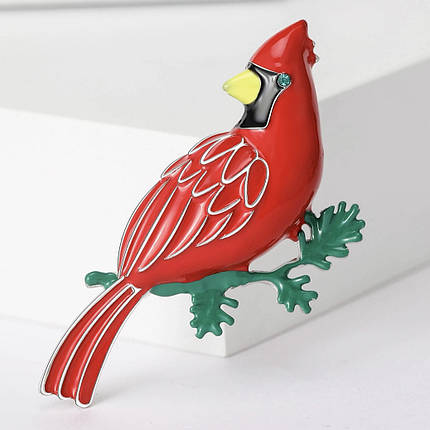 Брошка металева на сріблястій основі червона пташка на гілочці покрита кольоровою емаллю розмір 55х40 мм, фото 1