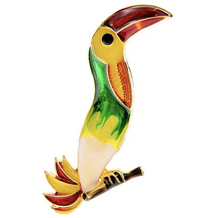 Брошка металева на золотистій основі тукан на гілочці з камінчиком покрита кольоровою емаллю розмір 40х45 мм, фото 2