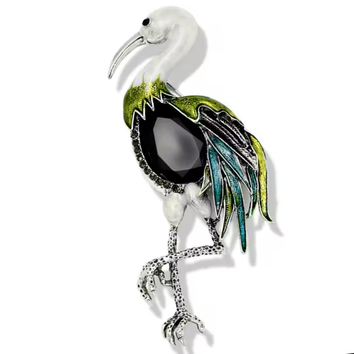 Брошка металева срібляста Цапля покрита кольоровою емаллю з чорним Агатом розмір виробу 40х95 мм