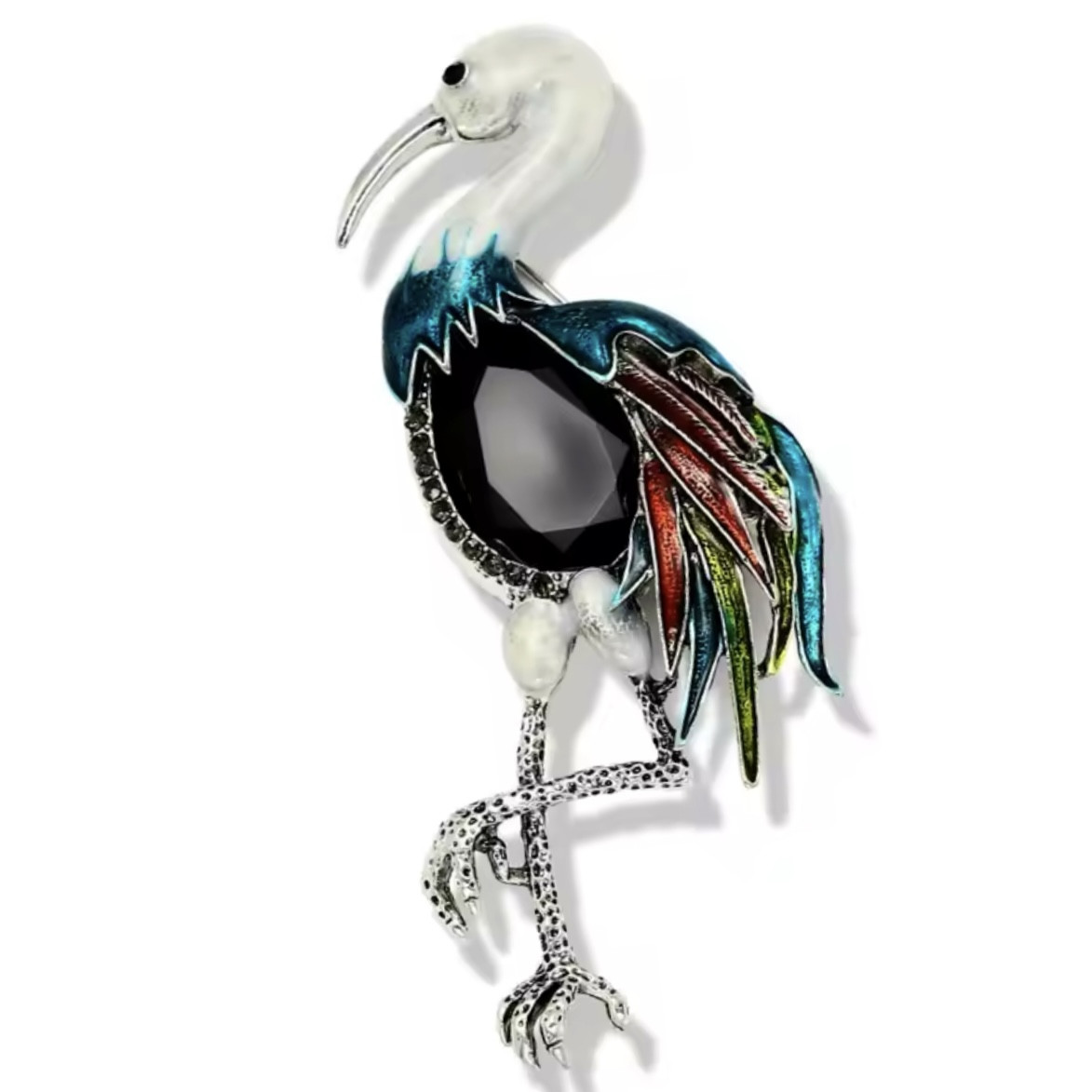 Брошка металева срібляста Цапля з чорним агатом покрита кольоровою емаллю розмір виробу 100х50 мм