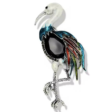 Брошка металева срібляста Цапля з чорним агатом покрита кольоровою емаллю розмір виробу 100х50 мм, фото 1