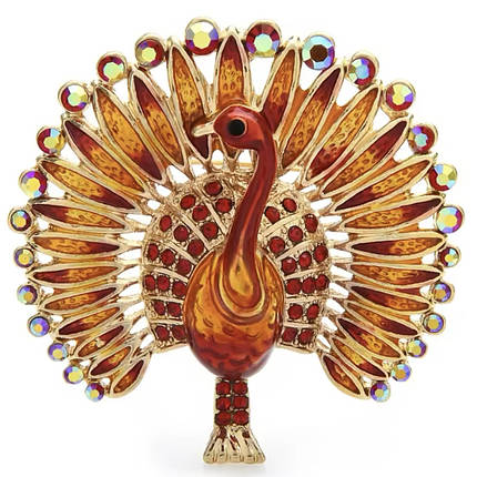 Брошка металева золотиста Павич у стразах покрита кольоровою емаллю розмір виробу 50х50 мм, фото 1