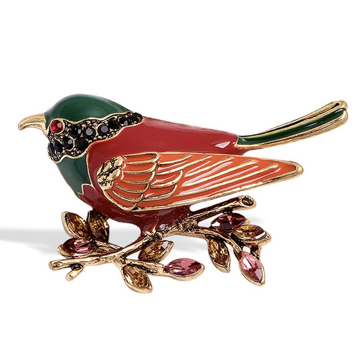 Брошка металева золотиста Пташка з рожевими та жовтими стразами покрита емаллю розмір виробу 50х30 мм