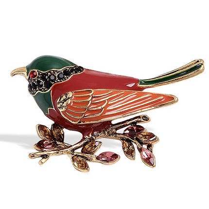 Брошка металева золотиста Пташка з рожевими та жовтими стразами покрита емаллю розмір виробу 50х30 мм, фото 1