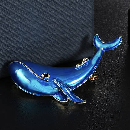 Брошка металева на сріблястій основі кит покрита бірюзовою емаллю розмір виробу 55х40 мм, фото 2