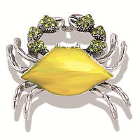 Брошка металева на сріблястій основі краб із салатовими кристалами покрита емаллю розмір 40х40 мм