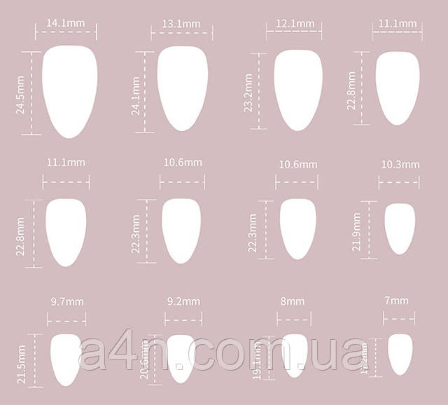 Накладные ногти - Интернет-магазин A4N Размеры накладных ногтей