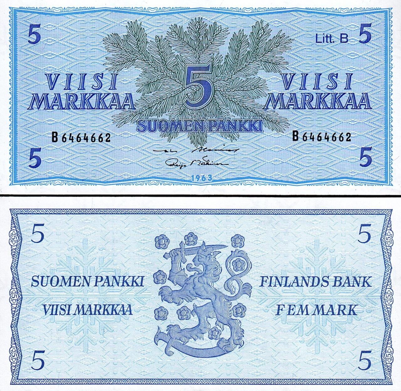 Фінляндія / Финляндия / Finland 5 Markkaa 1963 Pick 106А UNC