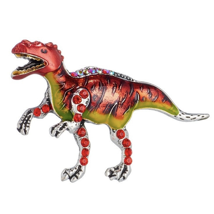 Брошка металева срібляста Динозавр із сапфірами покрита кольоровою емаллю розмір виробу 60х40 мм